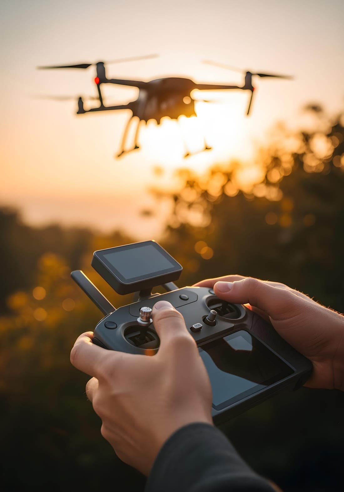 Pilote tenant la radiocommande d’un drone en vol au coucher du soleil