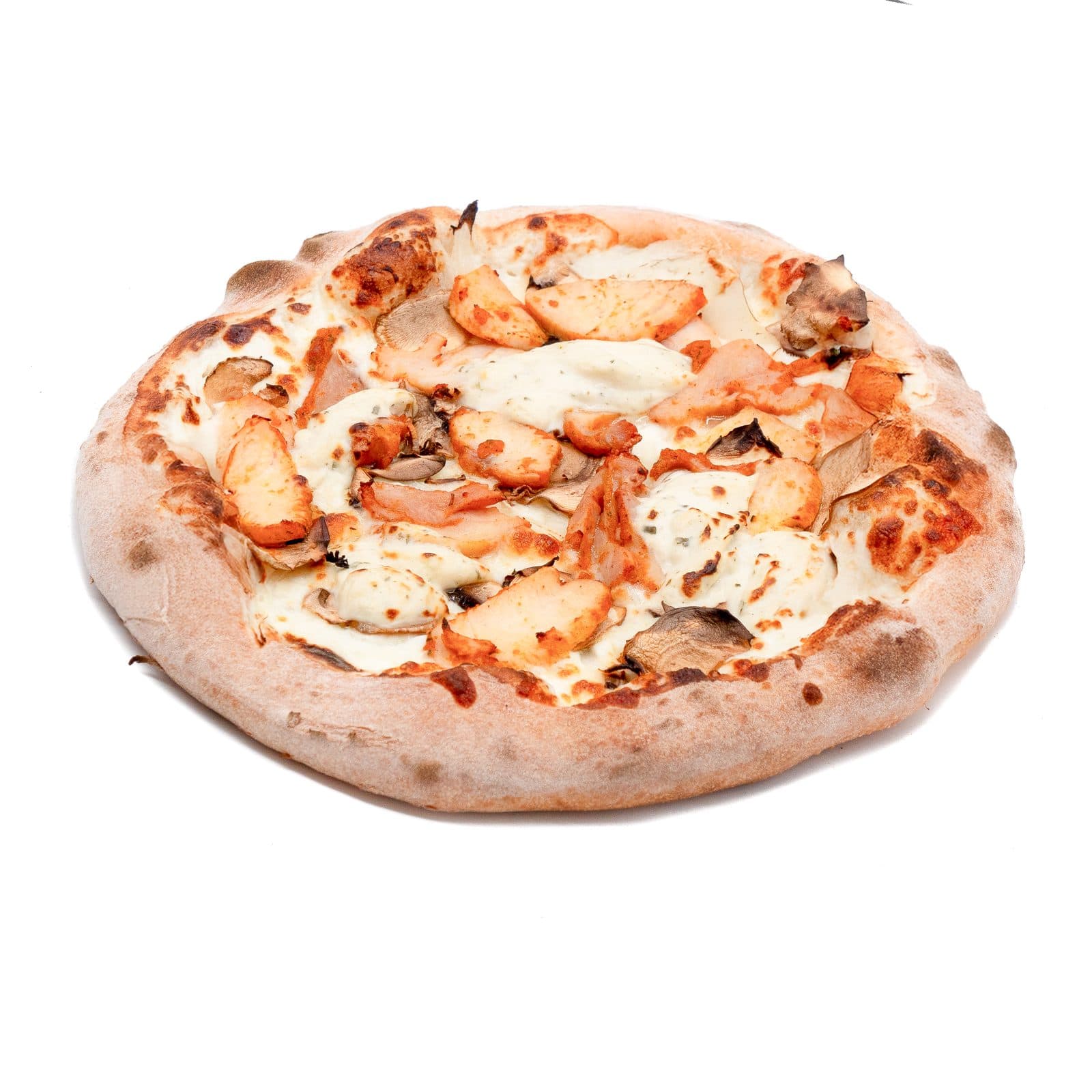 Pizza au fromage frais vue de dessus sur fond blanc