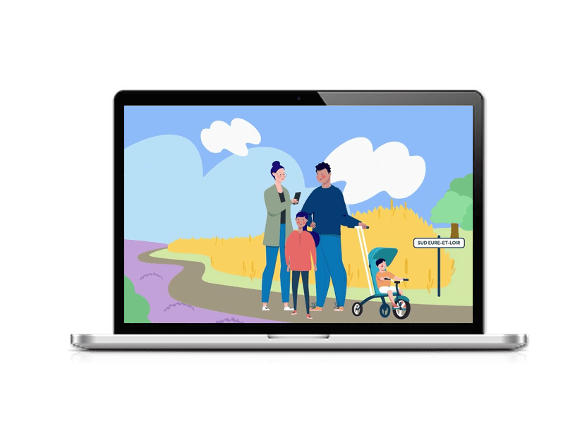 Motion design illustrant une famille en promenade à la campagne, sur un écran d’ordinateur