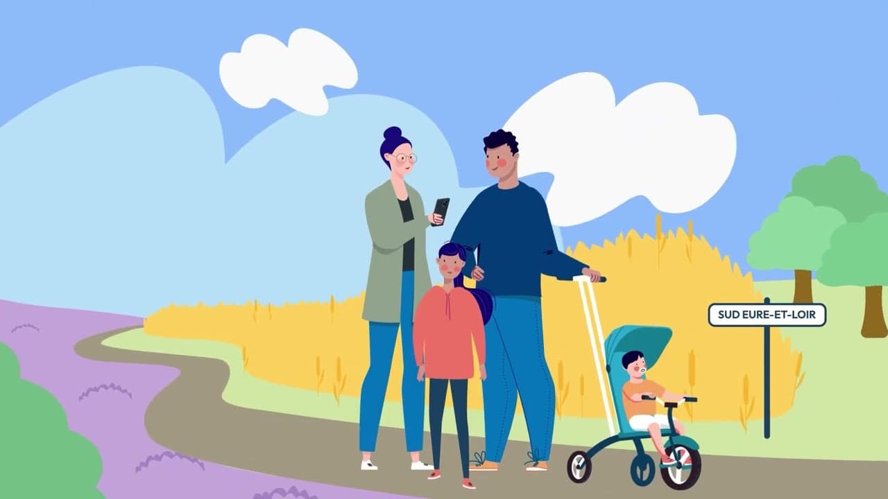 Famille en promenade dans la campagne d’Eure-et-Loir, motion design Plainement Local